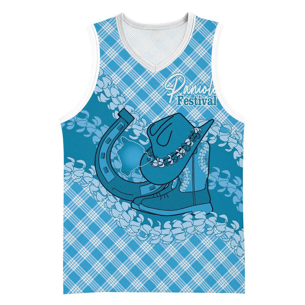 Polu Hawaii Cowboy Palaka Motifs Personalised Basketball Jersey Paniolo Festival Puakenikeni Lei LT14 Unisex Blue - Polynesian Pride
