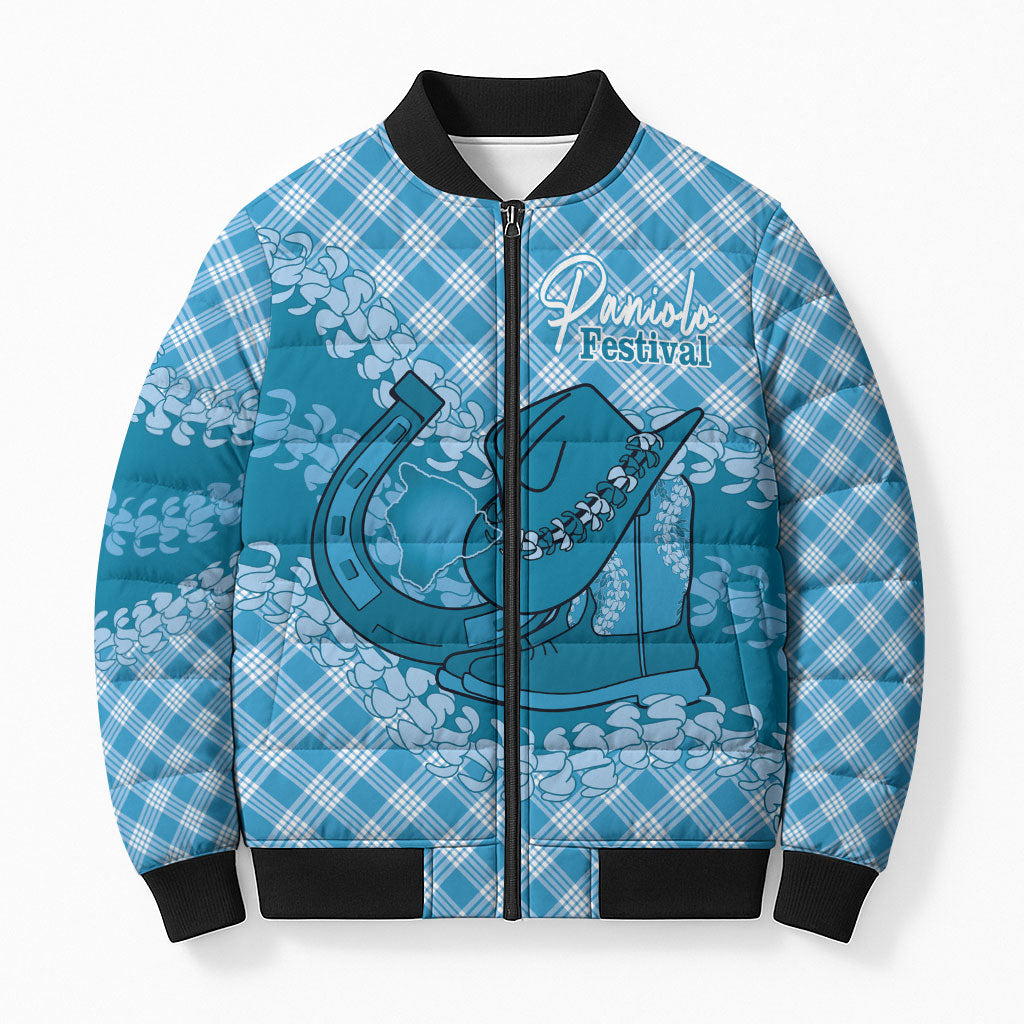 Polu Hawaii Cowboy Palaka Motifs Personalised Bomber Puffer Jacket Paniolo Festival Puakenikeni Lei LT14 Unisex Blue - Polynesian Pride