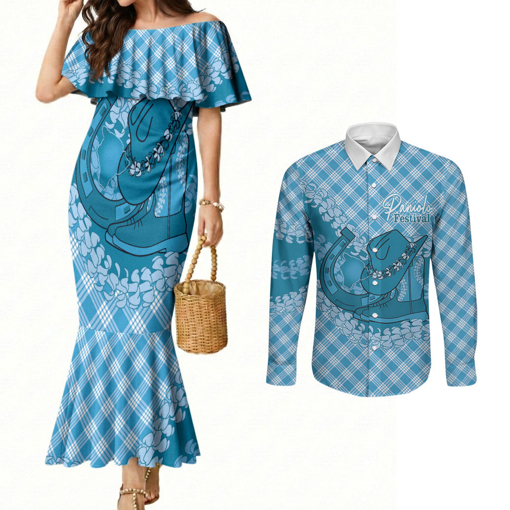 Polu Hawaii Cowboy Palaka Motifs Personalised Couples Matching Mermaid Dress and Long Sleeve Button Shirt Paniolo Festival Puakenikeni Lei LT14 Blue - Polynesian Pride