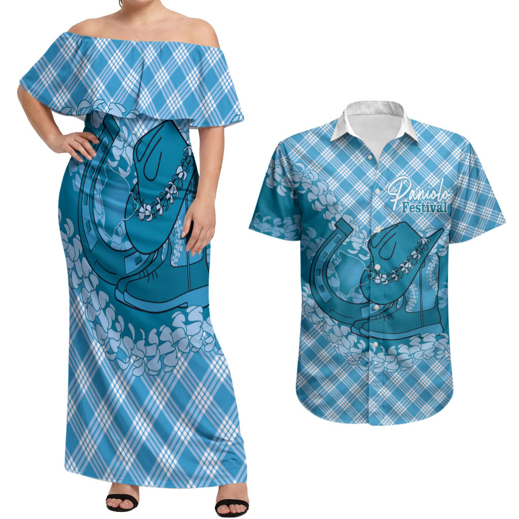 Polu Hawaii Cowboy Palaka Motifs Personalised Couples Matching Off Shoulder Maxi Dress and Hawaiian Shirt Paniolo Festival Puakenikeni Lei LT14 Blue - Polynesian Pride