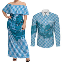 Polu Hawaii Cowboy Palaka Motifs Personalised Couples Matching Off Shoulder Maxi Dress and Long Sleeve Button Shirt Paniolo Festival Puakenikeni Lei LT14 Blue - Polynesian Pride