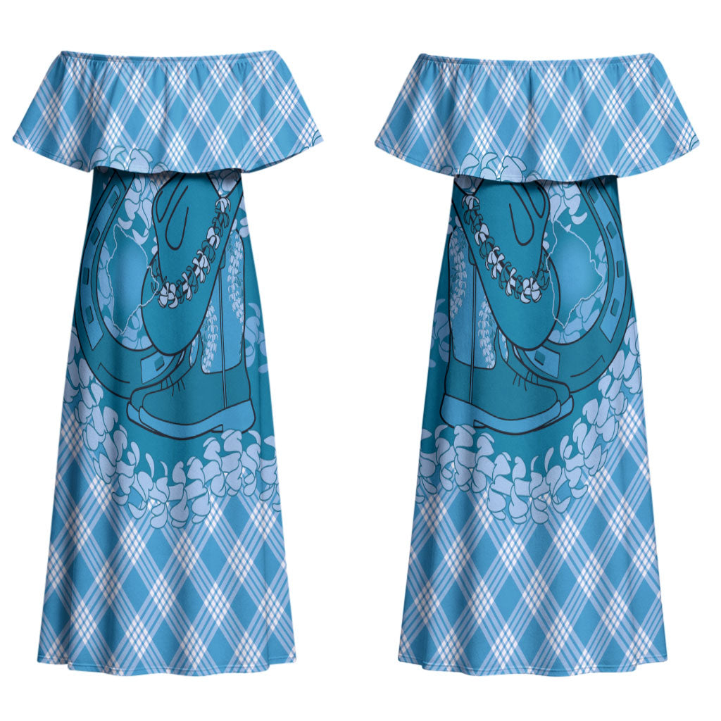 Polu Hawaii Cowboy Palaka Motifs Personalised Couples Matching Off Shoulder Maxi Dress and Long Sleeve Button Shirt Paniolo Festival Puakenikeni Lei LT14 - Polynesian Pride