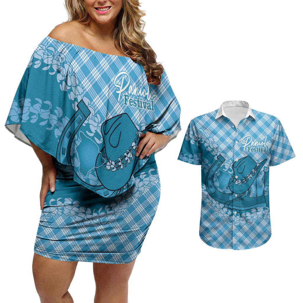 Polu Hawaii Cowboy Palaka Motifs Personalised Couples Matching Off Shoulder Short Dress and Hawaiian Shirt Paniolo Festival Puakenikeni Lei LT14 Blue - Polynesian Pride