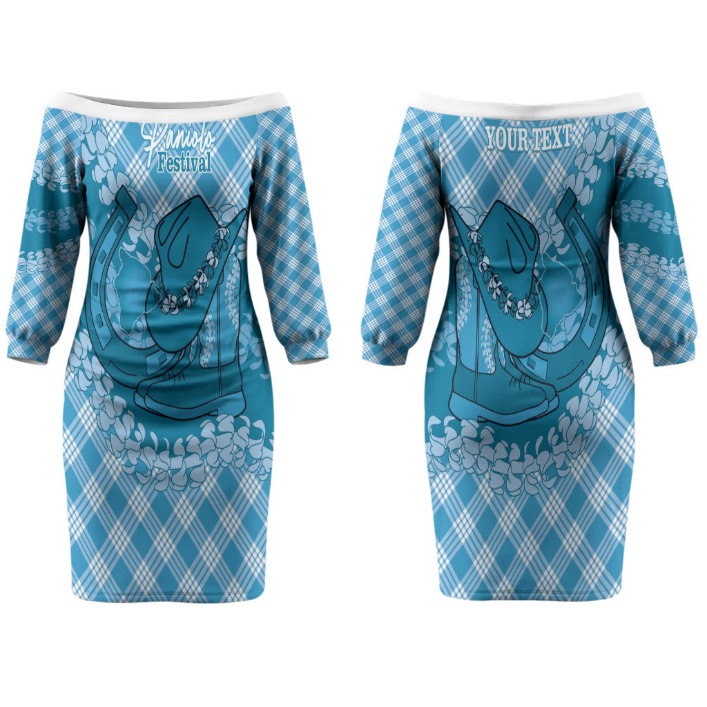 Polu Hawaii Cowboy Palaka Motifs Personalised Couples Matching Off The Shoulder Long Sleeve Dress and Hawaiian Shirt Paniolo Festival Puakenikeni Lei LT14 - Polynesian Pride