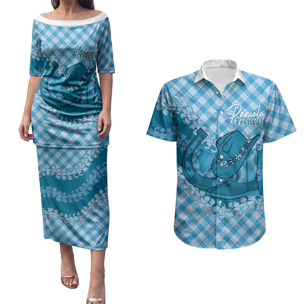 Polu Hawaii Cowboy Palaka Motifs Personalised Couples Matching Puletasi and Hawaiian Shirt Paniolo Festival Puakenikeni Lei LT14 Blue - Polynesian Pride