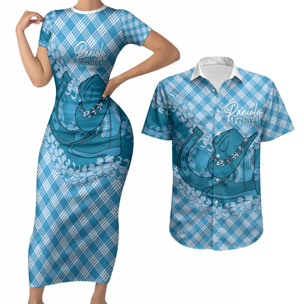 Polu Hawaii Cowboy Palaka Motifs Personalised Couples Matching Short Sleeve Bodycon Dress and Hawaiian Shirt Paniolo Festival Puakenikeni Lei LT14 Blue - Polynesian Pride
