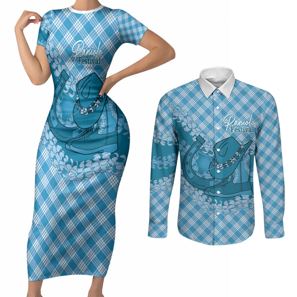 Polu Hawaii Cowboy Palaka Motifs Personalised Couples Matching Short Sleeve Bodycon Dress and Long Sleeve Button Shirt Paniolo Festival Puakenikeni Lei LT14 Blue - Polynesian Pride