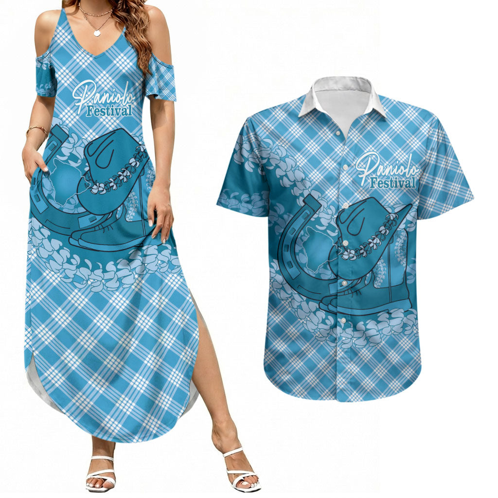 Polu Hawaii Cowboy Palaka Motifs Personalised Couples Matching Summer Maxi Dress and Hawaiian Shirt Paniolo Festival Puakenikeni Lei LT14 Blue - Polynesian Pride