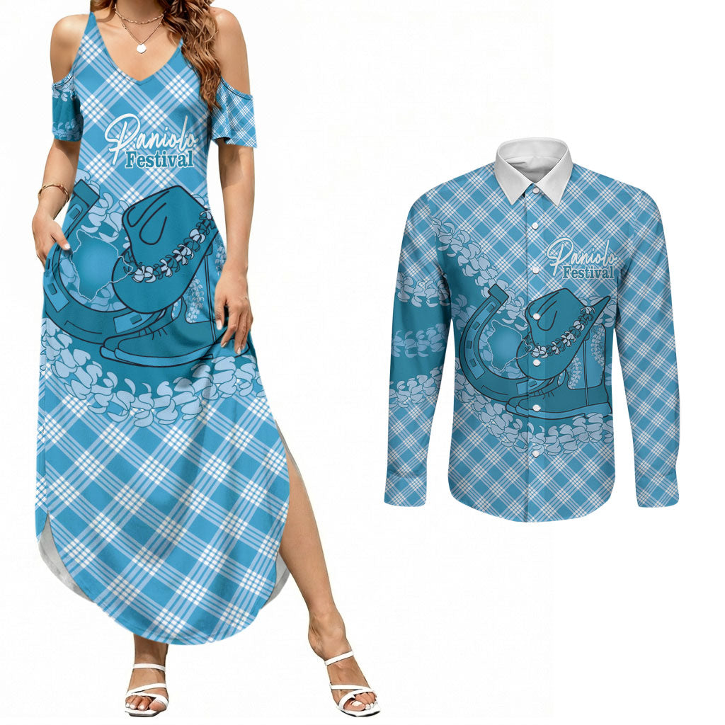 Polu Hawaii Cowboy Palaka Motifs Personalised Couples Matching Summer Maxi Dress and Long Sleeve Button Shirt Paniolo Festival Puakenikeni Lei LT14 Blue - Polynesian Pride
