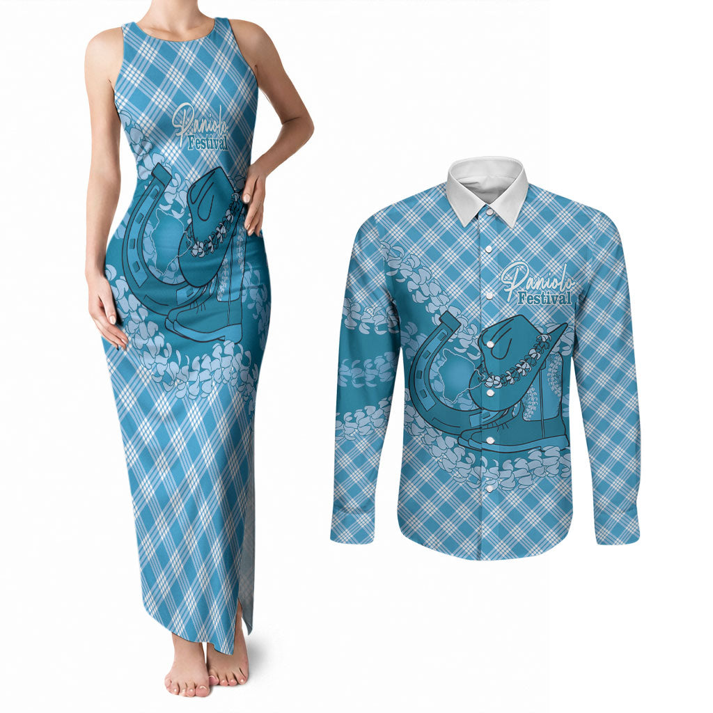 Polu Hawaii Cowboy Palaka Motifs Personalised Couples Matching Tank Maxi Dress and Long Sleeve Button Shirt Paniolo Festival Puakenikeni Lei LT14 Blue - Polynesian Pride