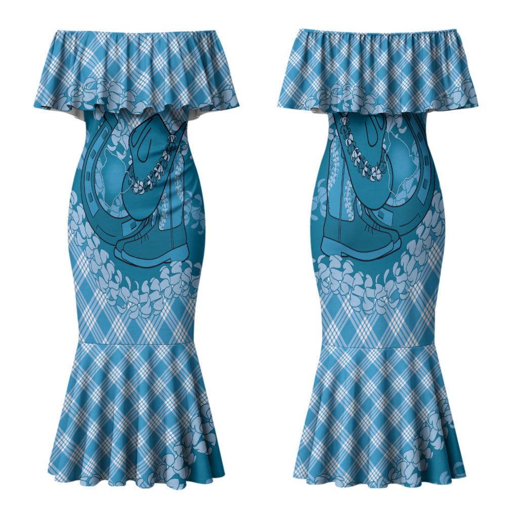 Polu Hawaii Cowboy Palaka Motifs Personalised Family Matching Mermaid Dress and Hawaiian Shirt Paniolo Festival Puakenikeni Lei LT14 Mom's Dress Blue - Polynesian Pride