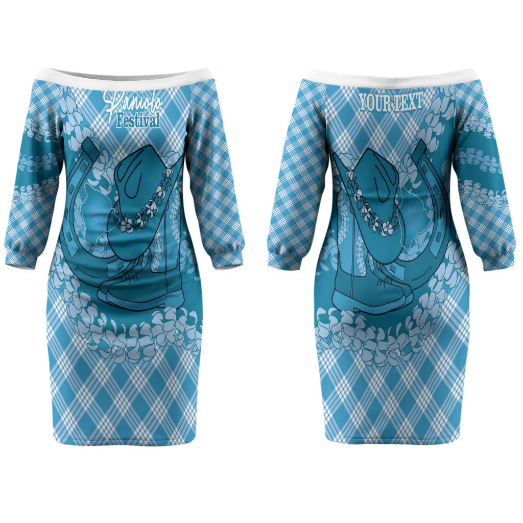 Polu Hawaii Cowboy Palaka Motifs Personalised Family Matching Off The Shoulder Long Sleeve Dress and Hawaiian Shirt Paniolo Festival Puakenikeni Lei LT14 Mom's Dress Blue - Polynesian Pride