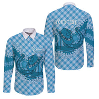 Polu Hawaii Cowboy Palaka Motifs Personalised Family Matching Off Shoulder Short Dress and Hawaiian Shirt Paniolo Festival Puakenikeni Lei LT14 Dad's Shirt - Long Sleeve Blue - Polynesian Pride