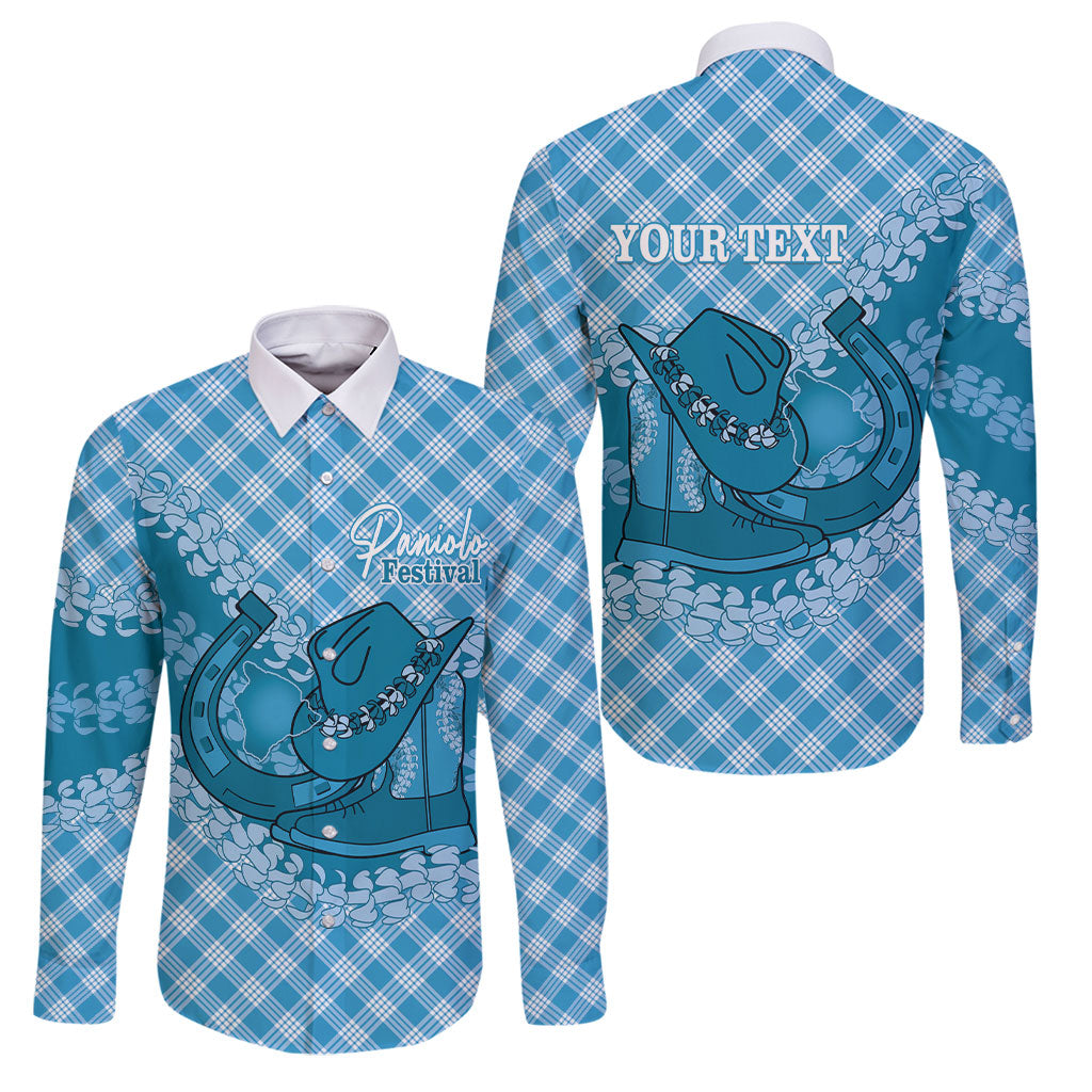 Polu Hawaii Cowboy Palaka Motifs Personalised Family Matching Puletasi and Hawaiian Shirt Paniolo Festival Puakenikeni Lei LT14 Dad's Shirt - Long Sleeve Blue - Polynesian Pride