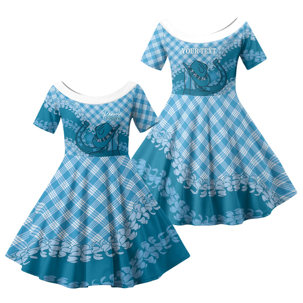 Polu Hawaii Cowboy Palaka Motifs Personalised Family Matching Puletasi and Hawaiian Shirt Paniolo Festival Puakenikeni Lei LT14 Daughter's Dress Blue - Polynesian Pride