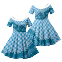 Polu Hawaii Cowboy Palaka Motifs Personalised Family Matching Puletasi and Hawaiian Shirt Paniolo Festival Puakenikeni Lei LT14 Daughter's Dress Blue - Polynesian Pride