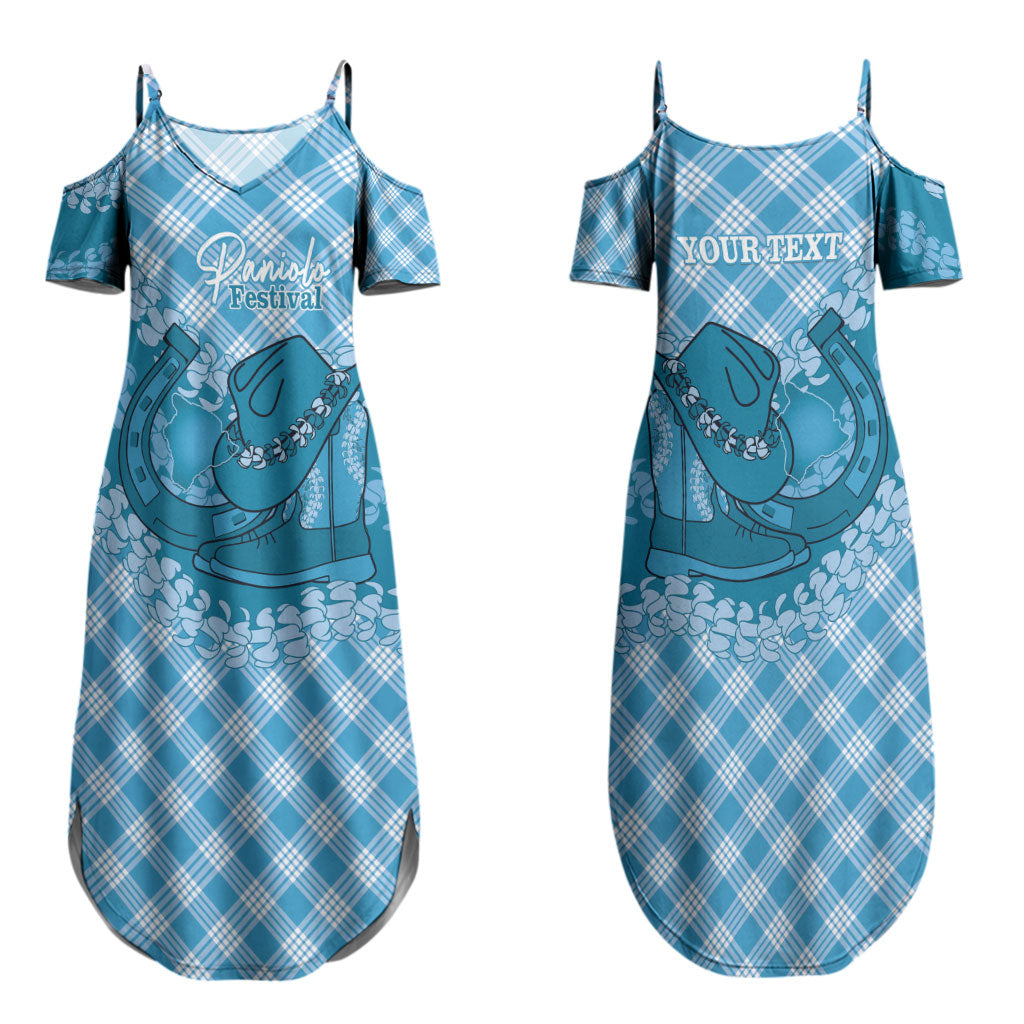 Polu Hawaii Cowboy Palaka Motifs Personalised Family Matching Summer Maxi Dress and Hawaiian Shirt Paniolo Festival Puakenikeni Lei LT14 Mom's Dress Blue - Polynesian Pride