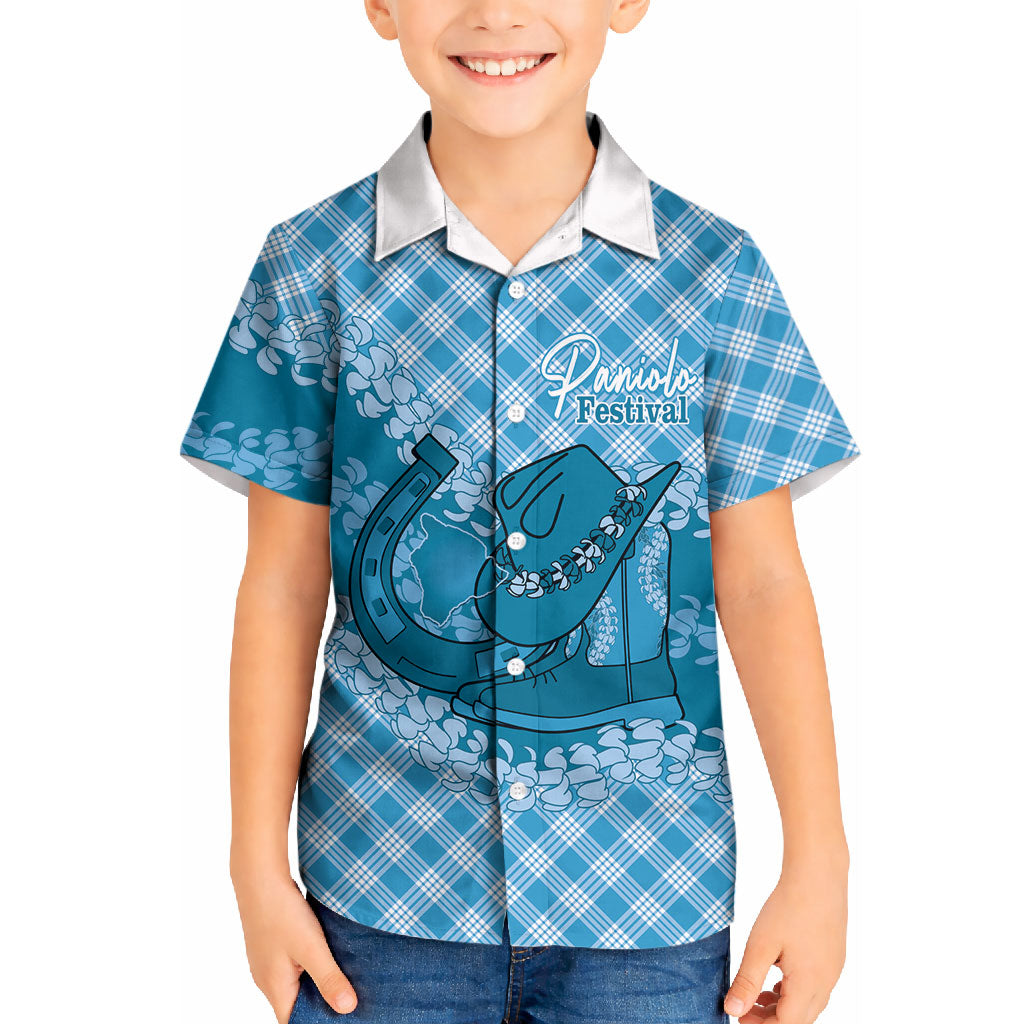 Polu Hawaii Cowboy Palaka Motifs Personalised Kid Hawaiian Shirt Paniolo Festival Puakenikeni Lei LT14 Kid Blue - Polynesian Pride