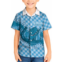 Polu Hawaii Cowboy Palaka Motifs Personalised Kid Hawaiian Shirt Paniolo Festival Puakenikeni Lei LT14 Kid Blue - Polynesian Pride