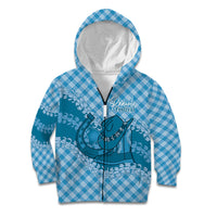 Polu Hawaii Cowboy Palaka Motifs Personalised Kid Hoodie Paniolo Festival Puakenikeni Lei LT14 Zip Hoodie Blue - Polynesian Pride