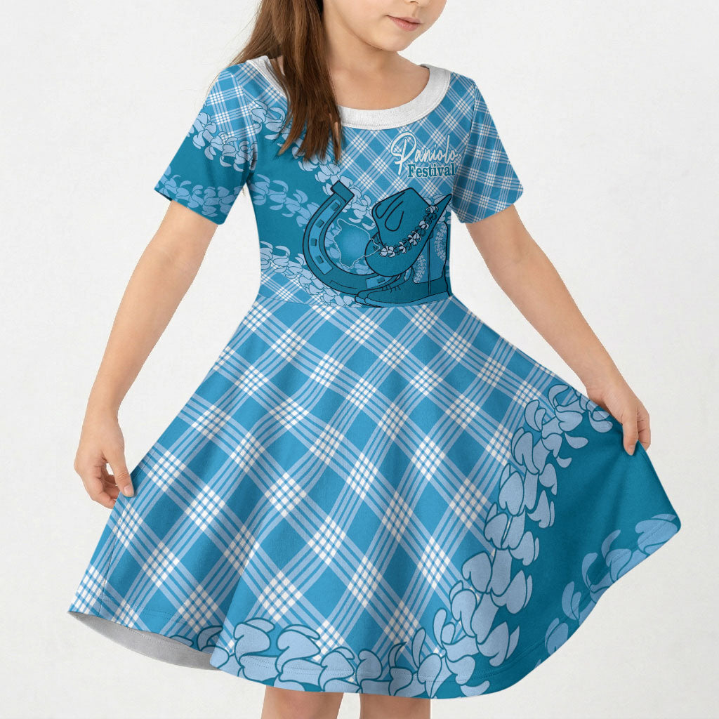 Polu Hawaii Cowboy Palaka Motifs Personalised Kid Short Sleeve Dress Paniolo Festival Puakenikeni Lei LT14 KID Blue - Polynesian Pride