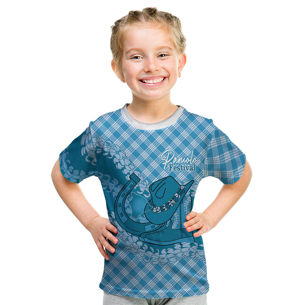 Polu Hawaii Cowboy Palaka Motifs Personalised Kid T Shirt Paniolo Festival Puakenikeni Lei LT14 Blue - Polynesian Pride