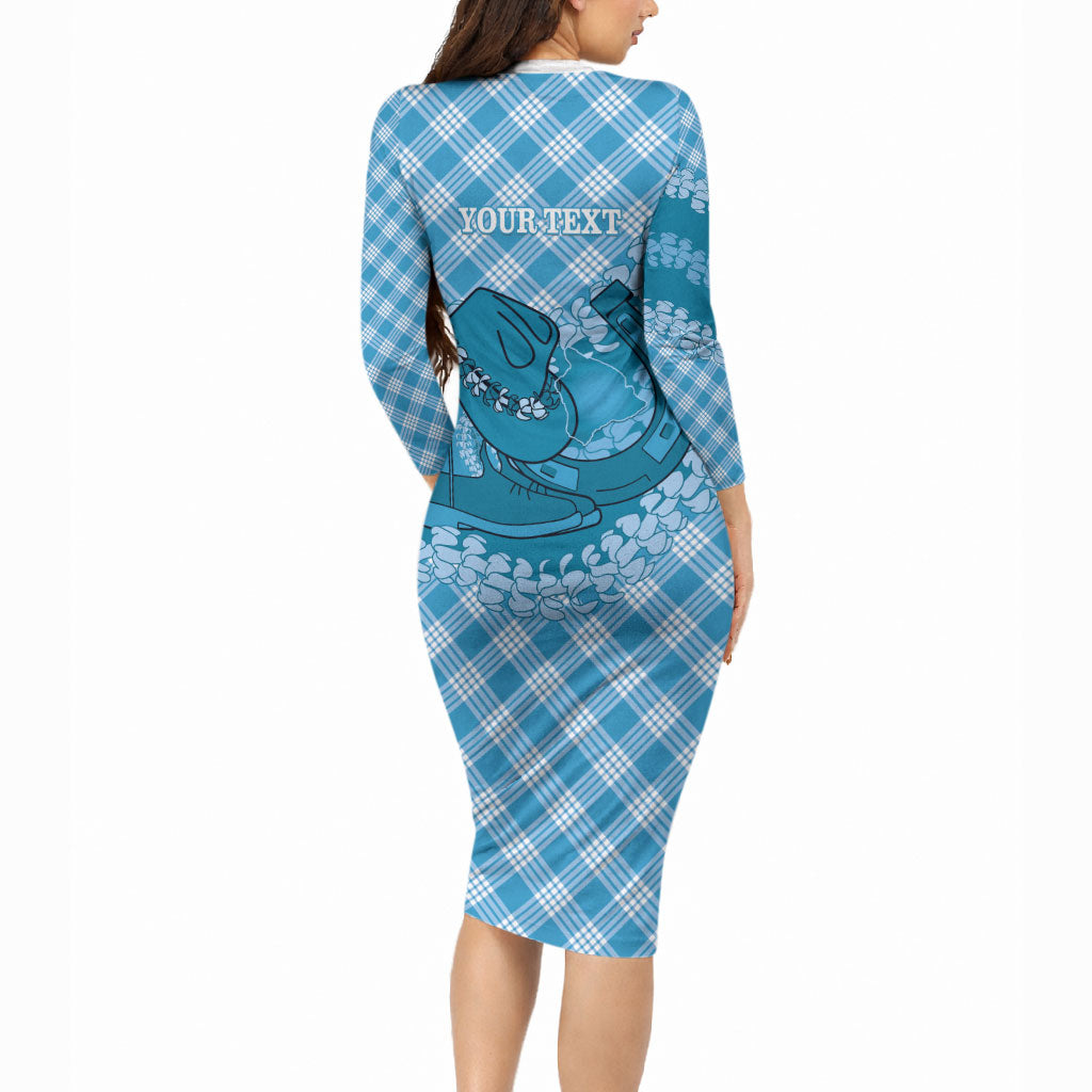 Polu Hawaii Cowboy Palaka Motifs Personalised Long Sleeve Bodycon Dress Paniolo Festival Puakenikeni Lei LT14 - Polynesian Pride