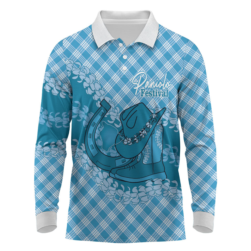 Polu Hawaii Cowboy Palaka Motifs Personalised Long Sleeve Polo Shirt Paniolo Festival Puakenikeni Lei LT14 Blue - Polynesian Pride