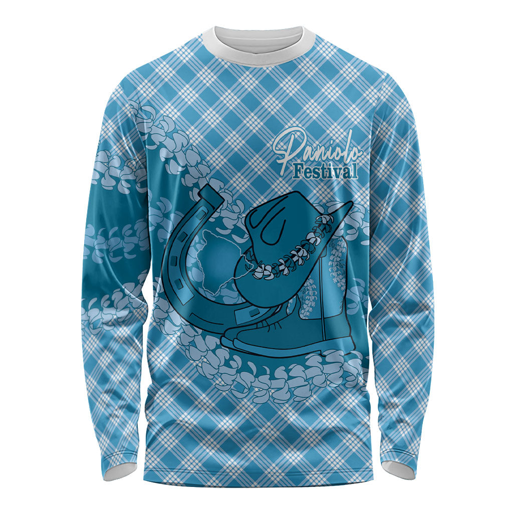 Polu Hawaii Cowboy Palaka Motifs Personalised Long Sleeve Shirt Paniolo Festival Puakenikeni Lei LT14 Unisex Blue - Polynesian Pride