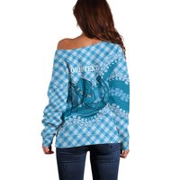 Polu Hawaii Cowboy Palaka Motifs Personalised Off Shoulder Sweater Paniolo Festival Puakenikeni Lei LT14 - Polynesian Pride