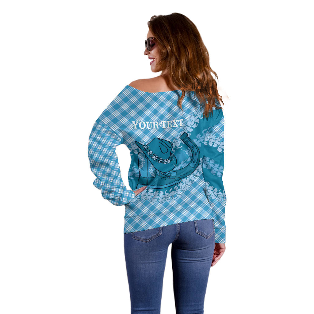 Polu Hawaii Cowboy Palaka Motifs Personalised Off Shoulder Sweater Paniolo Festival Puakenikeni Lei LT14 - Polynesian Pride