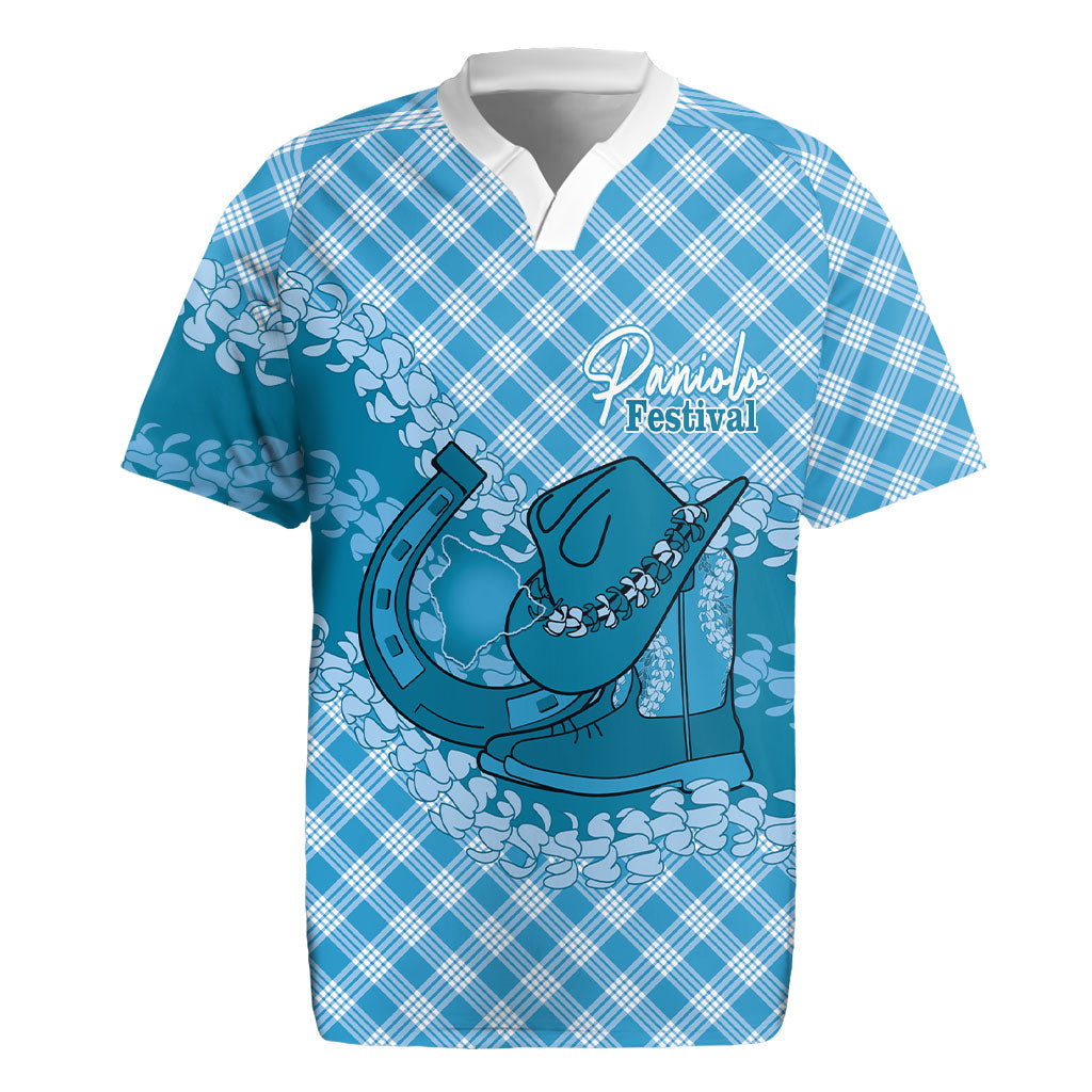 Polu Hawaii Cowboy Palaka Motifs Personalised Rugby Jersey Paniolo Festival Puakenikeni Lei LT14 Blue - Polynesian Pride