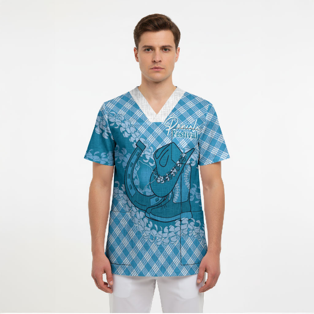 Polu Hawaii Cowboy Palaka Motifs Personalised Scrub Top Paniolo Festival Puakenikeni Lei LT14 - Polynesian Pride