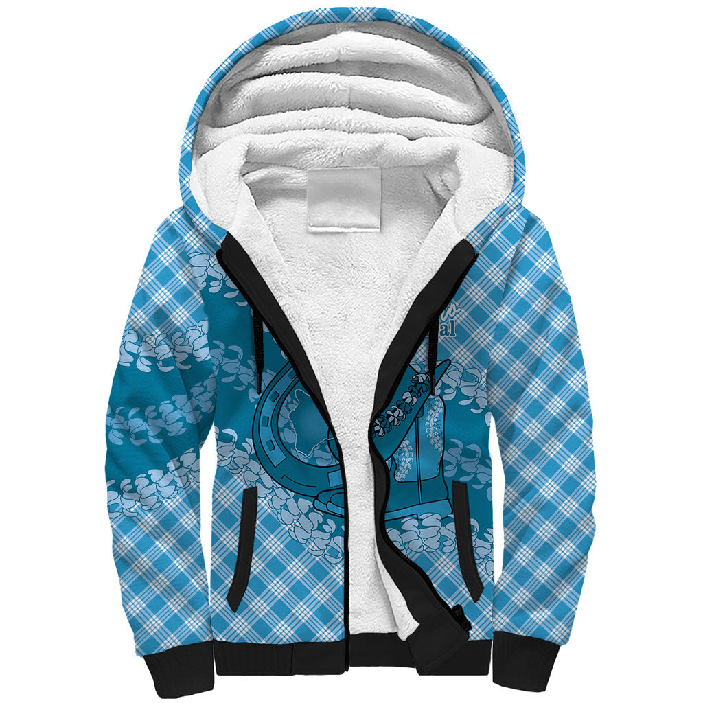Polu Hawaii Cowboy Palaka Motifs Personalised Sherpa Hoodie Paniolo Festival Puakenikeni Lei LT14 Unisex Blue - Polynesian Pride