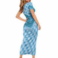 Polu Hawaii Cowboy Palaka Motifs Personalised Short Sleeve Bodycon Dress Paniolo Festival Puakenikeni Lei LT14 - Polynesian Pride