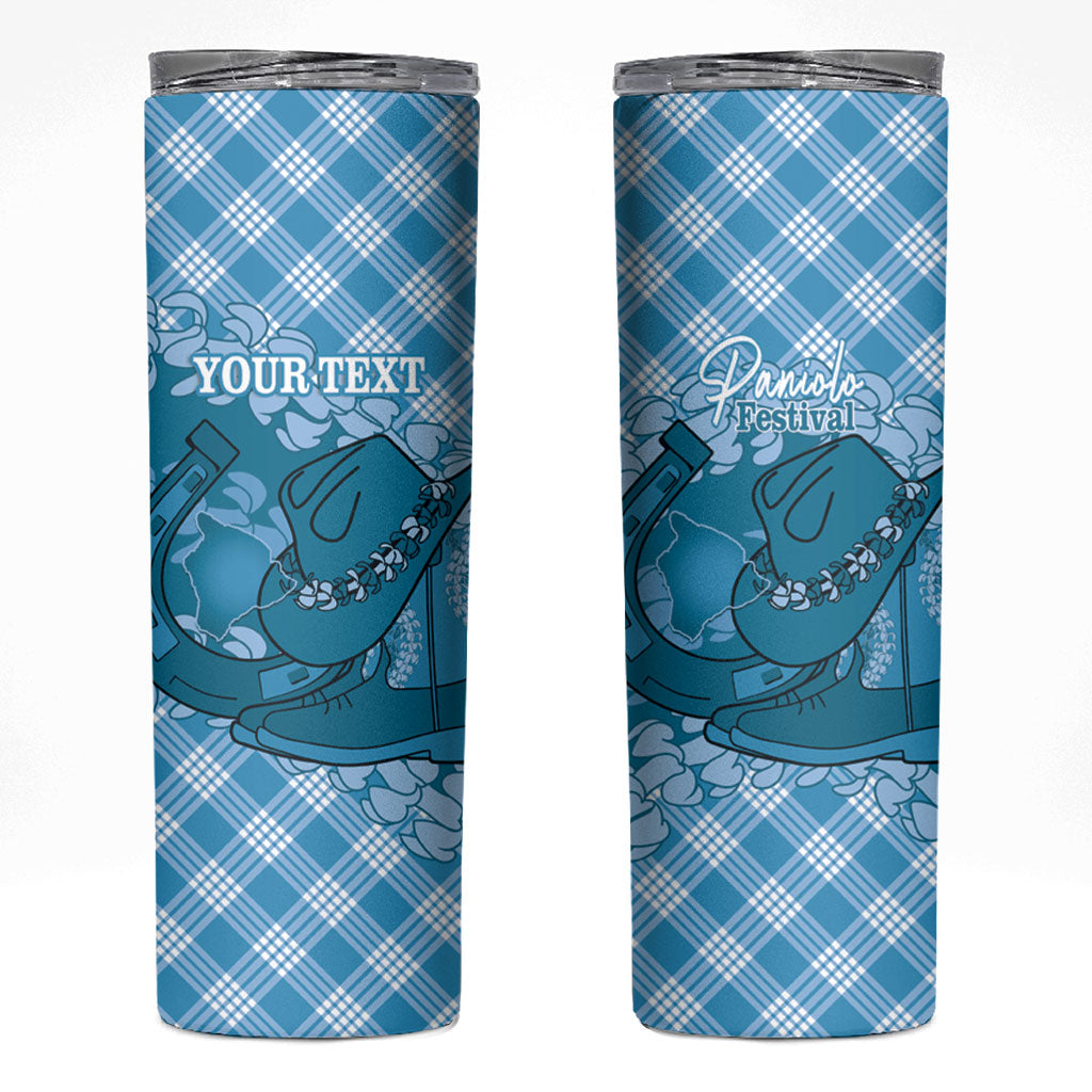 Polu Hawaii Cowboy Palaka Motifs Personalised Skinny Tumbler Paniolo Festival Puakenikeni Lei LT14 Blue - Polynesian Pride