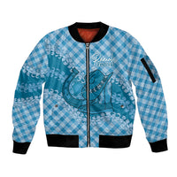 Polu Hawaii Cowboy Palaka Motifs Personalised Sleeve Zip Bomber Jacket Paniolo Festival Puakenikeni Lei LT14 Unisex Blue - Polynesian Pride