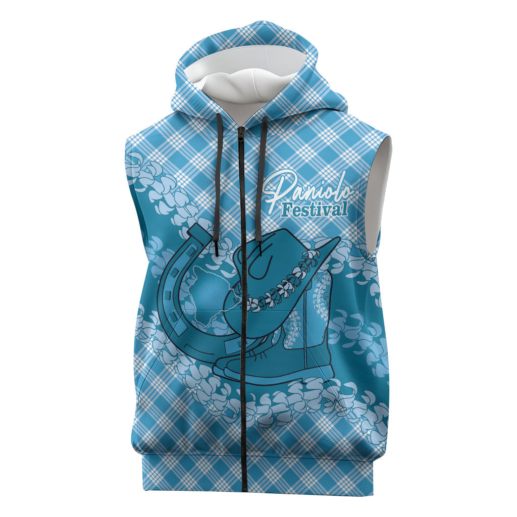 Polu Hawaii Cowboy Palaka Motifs Personalised Sleeveless Zip Hoodie Paniolo Festival Puakenikeni Lei LT14 Blue - Polynesian Pride