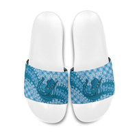 Polu Hawaii Cowboy Palaka Motifs Personalised Slide Sandals Paniolo Festival Puakenikeni Lei LT14 Blue - Polynesian Pride