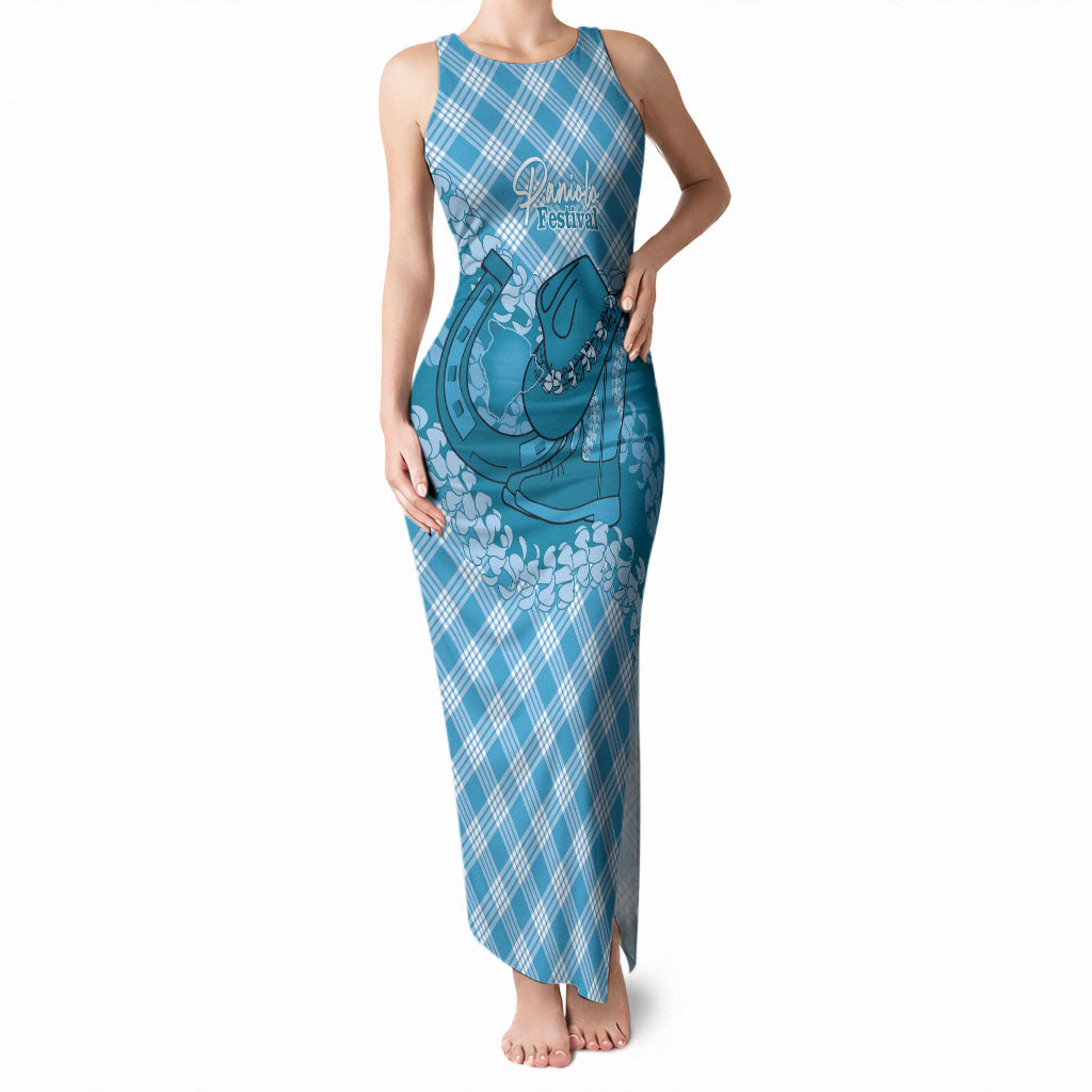 Polu Hawaii Cowboy Palaka Motifs Personalised Tank Maxi Dress Paniolo Festival Puakenikeni Lei LT14 Women Blue - Polynesian Pride