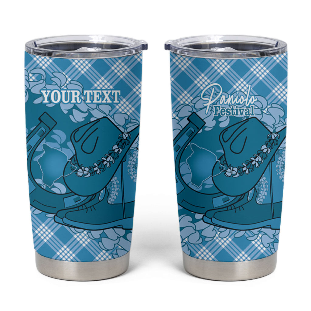 Polu Hawaii Cowboy Palaka Motifs Personalised Tumbler Cup Paniolo Festival Puakenikeni Lei LT14 Blue - Polynesian Pride