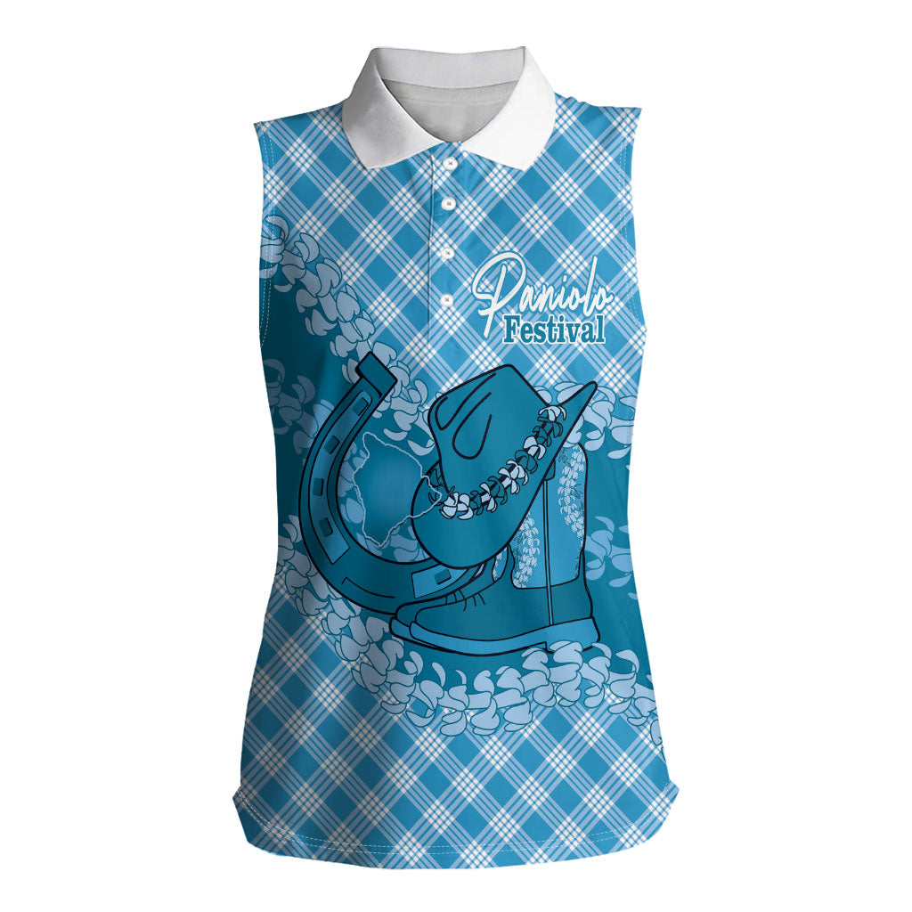 Polu Hawaii Cowboy Palaka Motifs Personalised Women Sleeveless Polo Shirt Paniolo Festival Puakenikeni Lei LT14 Female Blue - Polynesian Pride