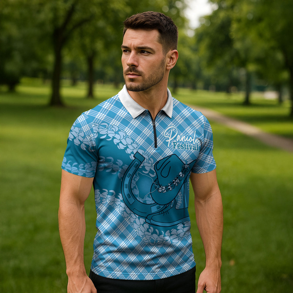 Polu Hawaii Cowboy Palaka Motifs Personalised Zipper Polo Shirt Paniolo Festival Puakenikeni Lei LT14 - Polynesian Pride