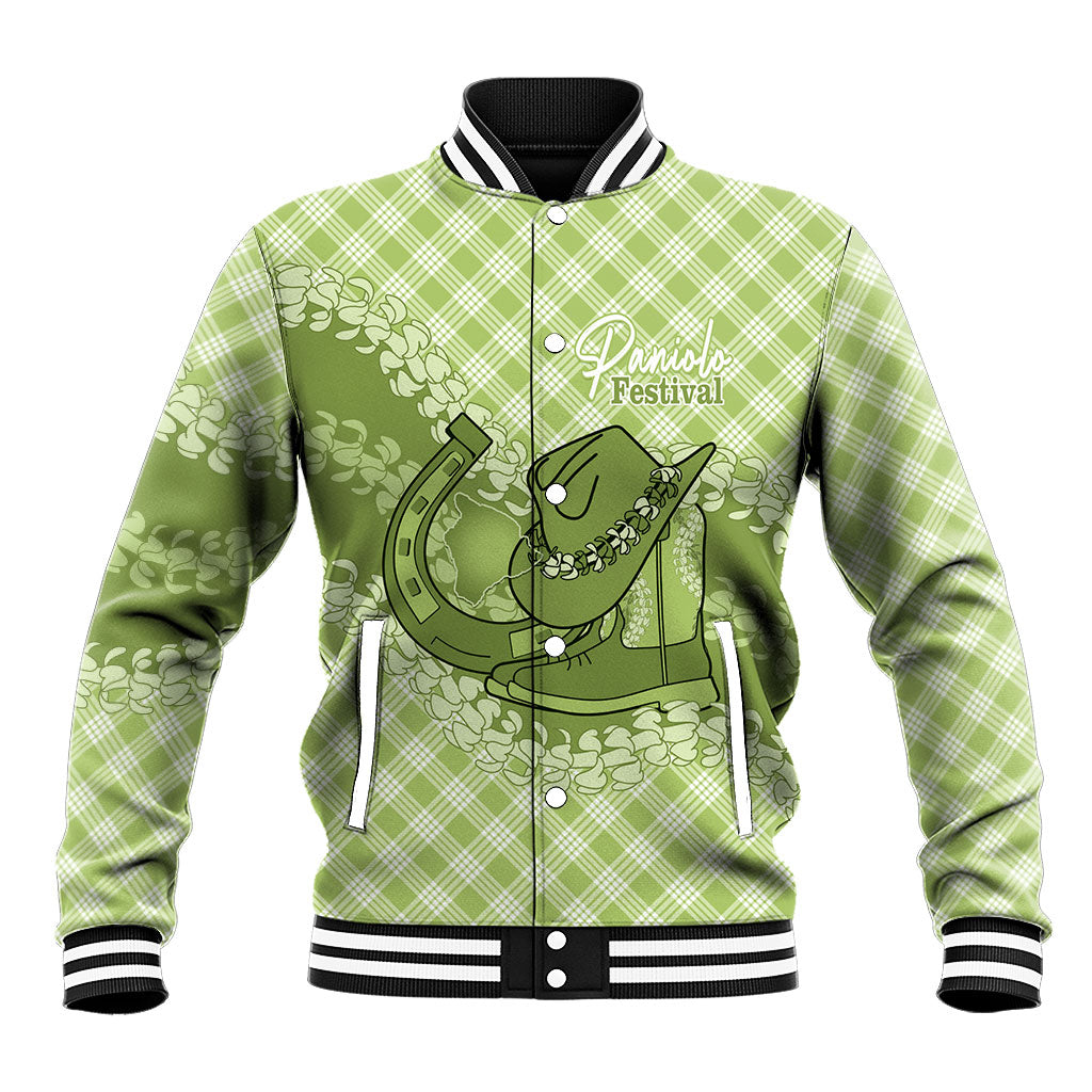 Omaomao Hawaii Cowboy Palaka Motifs Personalised Baseball Jacket Paniolo Festival Puakenikeni Lei LT14 Unisex Green - Polynesian Pride