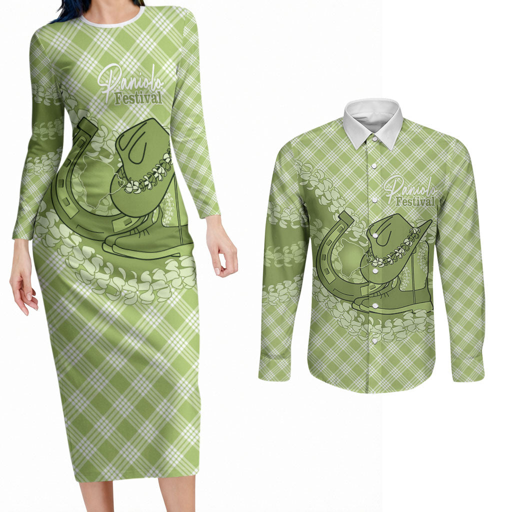 Omaomao Hawaii Cowboy Palaka Motifs Personalised Couples Matching Long Sleeve Bodycon Dress and Long Sleeve Button Shirt Paniolo Festival Puakenikeni Lei LT14 Green - Polynesian Pride