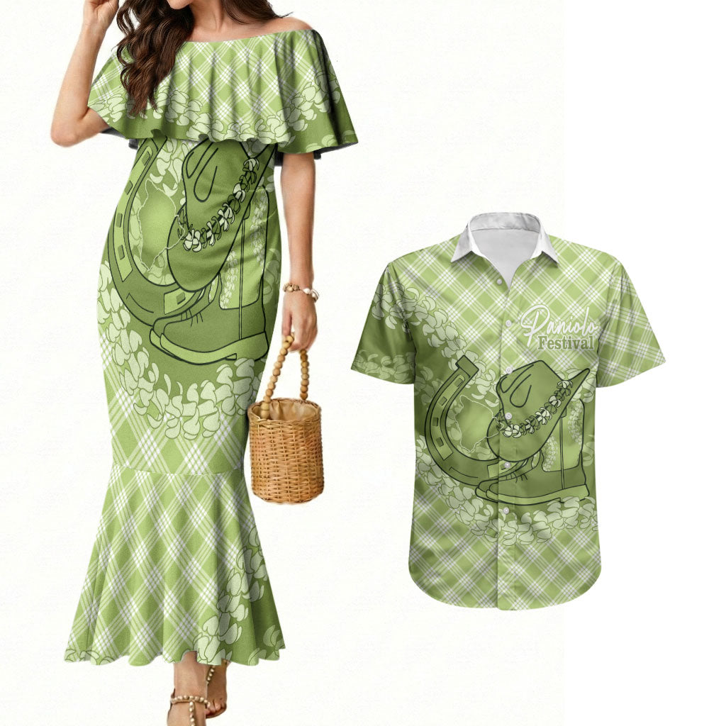 Omaomao Hawaii Cowboy Palaka Motifs Personalised Couples Matching Mermaid Dress and Hawaiian Shirt Paniolo Festival Puakenikeni Lei LT14 Green - Polynesian Pride