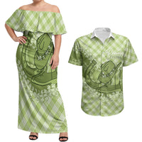 Omaomao Hawaii Cowboy Palaka Motifs Personalised Couples Matching Off Shoulder Maxi Dress and Hawaiian Shirt Paniolo Festival Puakenikeni Lei LT14 Green - Polynesian Pride