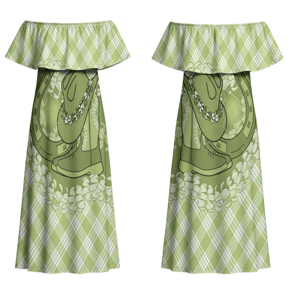 Omaomao Hawaii Cowboy Palaka Motifs Personalised Couples Matching Off Shoulder Maxi Dress and Hawaiian Shirt Paniolo Festival Puakenikeni Lei LT14 - Polynesian Pride