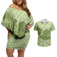 Omaomao Hawaii Cowboy Palaka Motifs Personalised Couples Matching Off Shoulder Short Dress and Hawaiian Shirt Paniolo Festival Puakenikeni Lei LT14 Green - Polynesian Pride