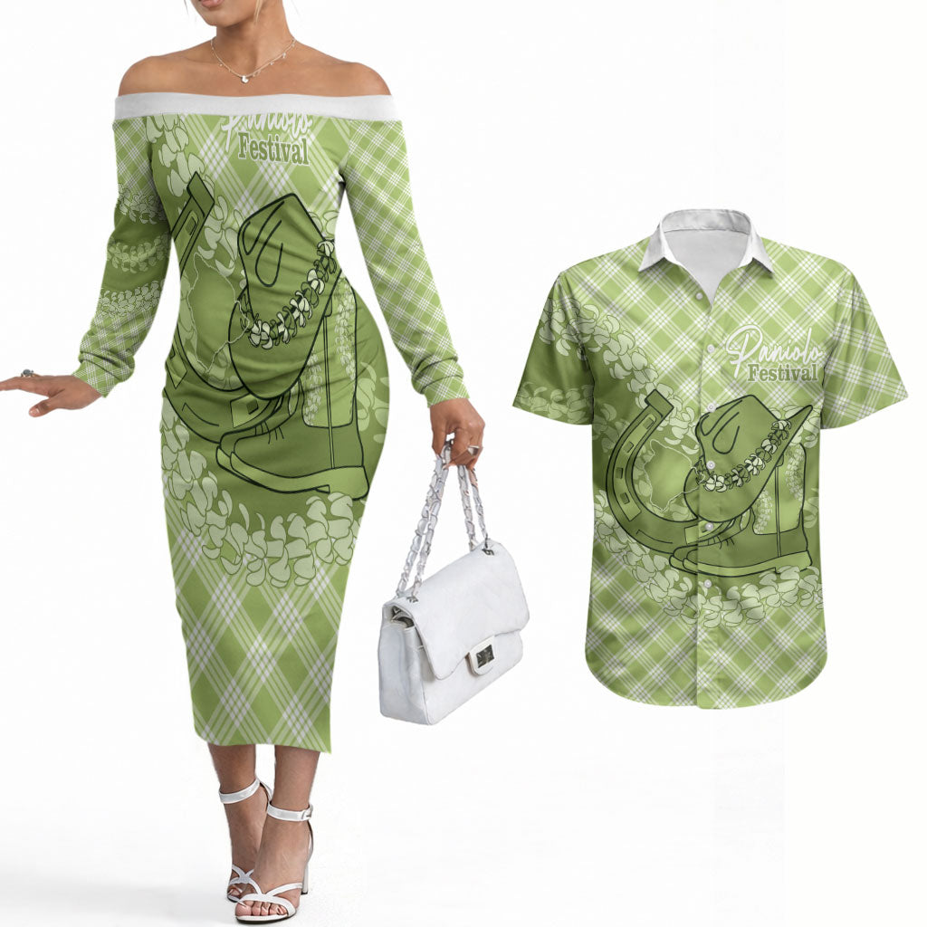 Omaomao Hawaii Cowboy Palaka Motifs Personalised Couples Matching Off The Shoulder Long Sleeve Dress and Hawaiian Shirt Paniolo Festival Puakenikeni Lei LT14 Green - Polynesian Pride